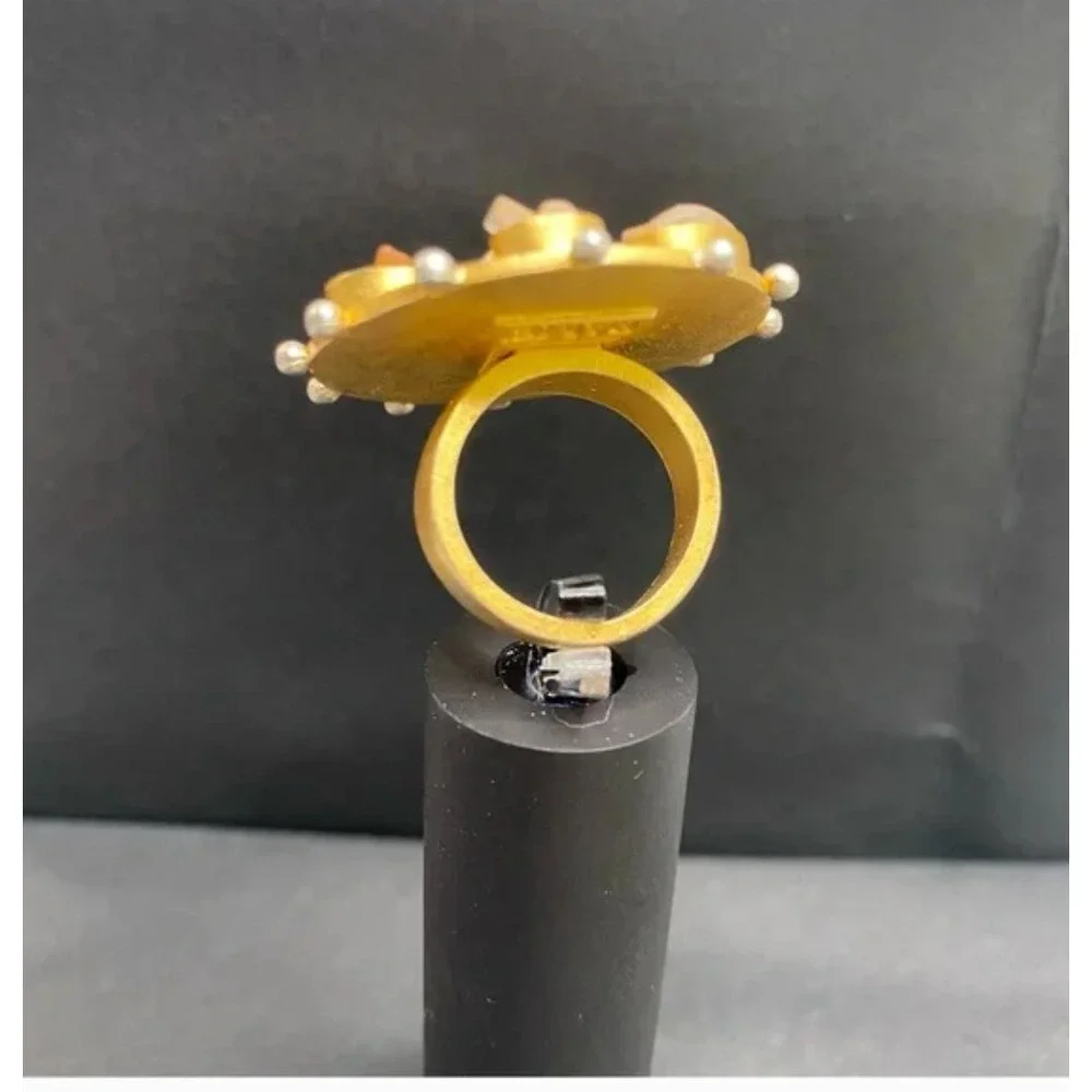 Pame Designs Gold tone Boho Statement ring size 6 1/2 Smokey quartz. Unique Rare